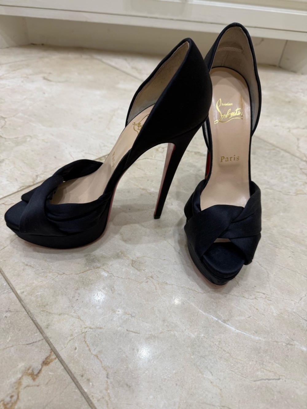 Christian Louboutin Black Satin Knotted D'Orsay Peep-Toe Pumps